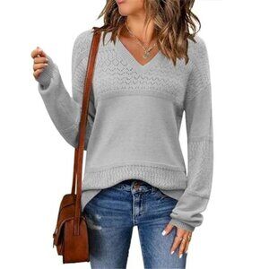 Womens Pullover Sweater V Neck Crochet Knit Long Sleeve Lightweight Fall Top